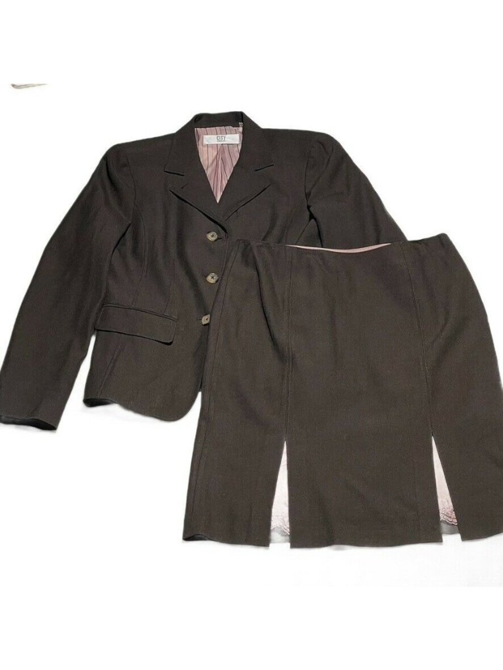 DKNY City Womens Black Blazer & Skirt Suit Set Size 8 With Pink Striped Lining - Picture 12 of 12